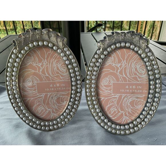 Silver Metal Picture Frames with Pearls and Rhinestones - Picture 1 of 4